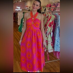 J.Marie NWT Vibrant Pink and Orange Sunburst Halter Dress
